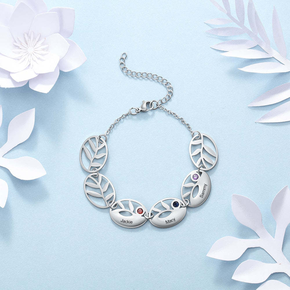 Personalized 3 Names Engraving Leaf Charm Bracelet Customized DIY Birthstone Bracelets for Women Gifts for Mother-Florence Scovel