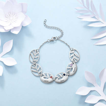 Personalized 3 Names Engraving Leaf Charm Bracelet Customized DIY Birthstone Bracelets for Women Gifts for Mother-Florence Scovel