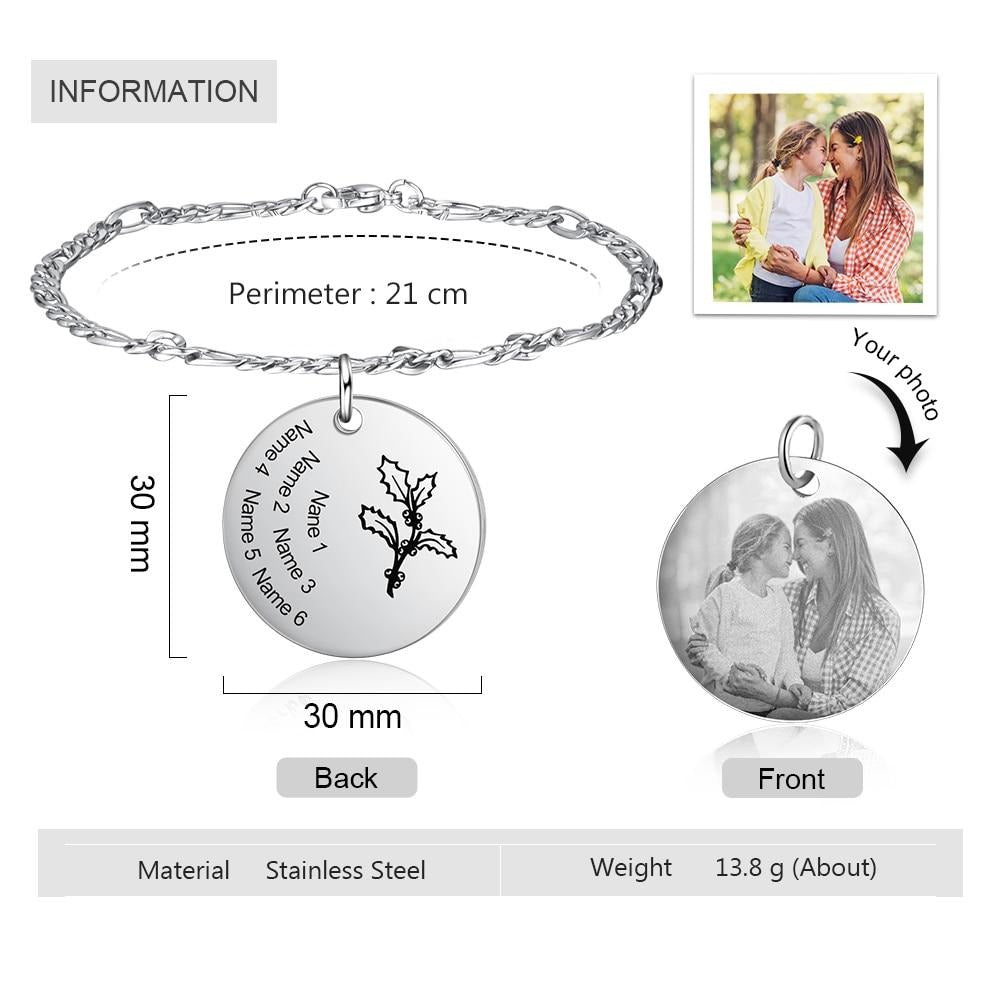 Personalized Birth Flower Bracelets for Women Stainless Steel Custom Photo Engraved Names Chain Bracelet Gifts for Her-Florence Scovel
