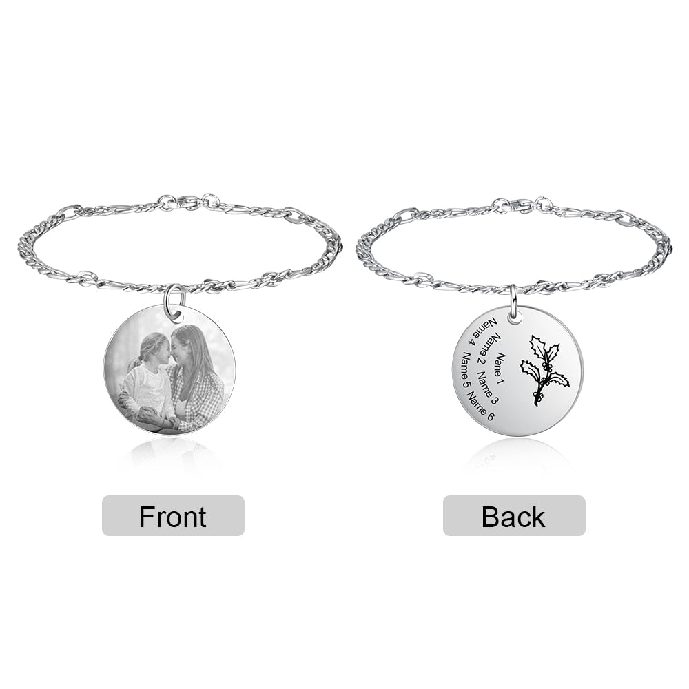 Personalized Birth Flower Bracelets for Women Stainless Steel Custom Photo Engraved Names Chain Bracelet Gifts for Her-Florence Scovel