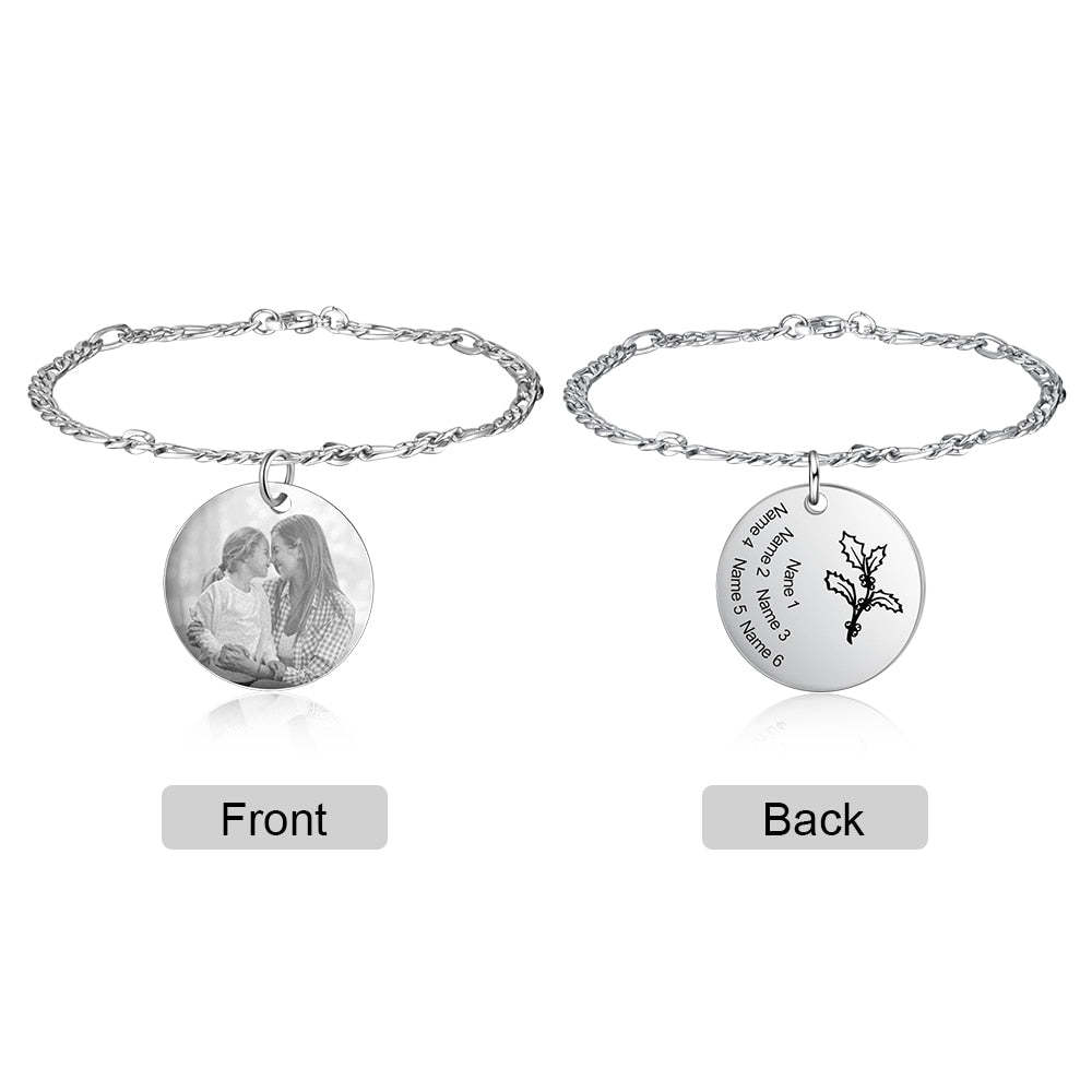 Personalized Birth Flower Bracelets for Women Stainless Steel Custom Photo Engraved Names Chain Bracelet Gifts for Her-Florence Scovel