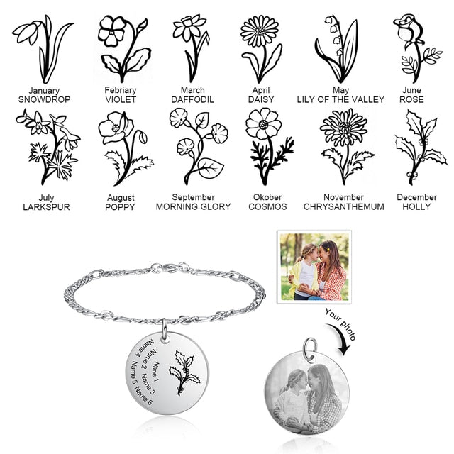 Personalized Birth Flower Bracelets for Women Stainless Steel Custom Photo Engraved Names Chain Bracelet Gifts for Her-Florence Scovel
