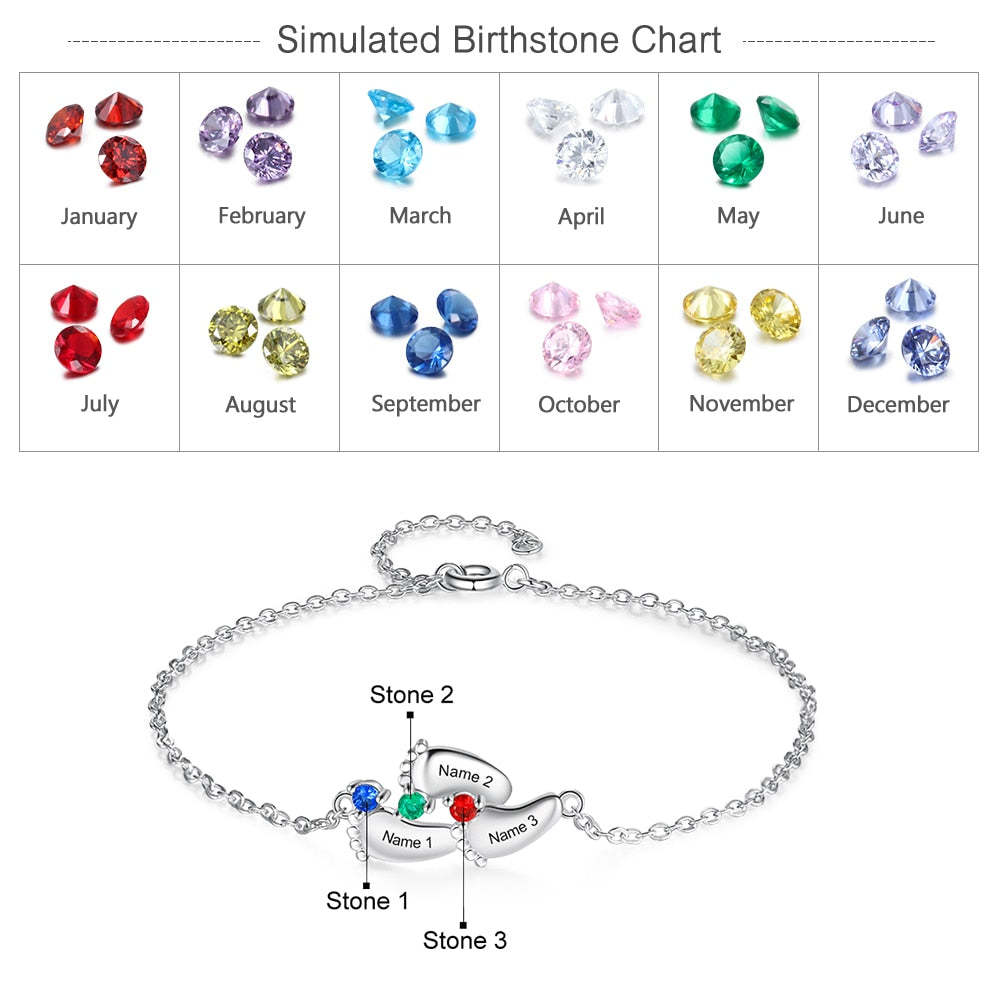 Personalized 3 Stones And 3 Names Baby Foot Shape Bracelet-Florence Scovel