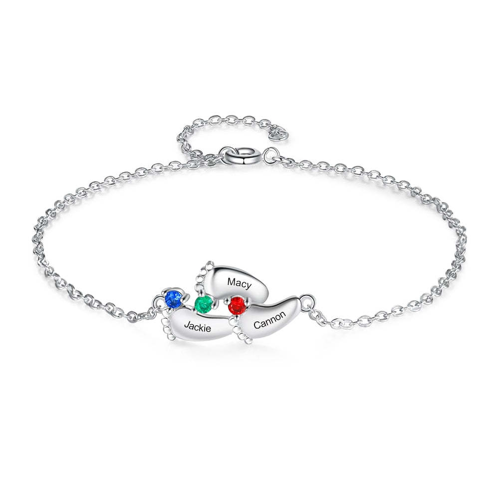 Personalized 3 Stones And 3 Names Baby Foot Shape Bracelet-Florence Scovel
