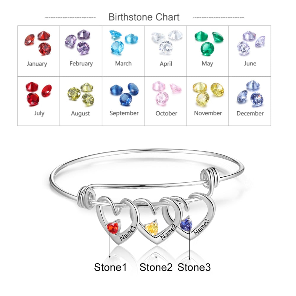 Personalized Heart Charm Bracelet with Birthstone Customized Engraving Name Bracelets & Bangles Christmas Gift for Mom-Florence Scovel