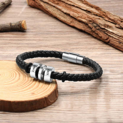 Personalized 2 Names Stainless Steel Black Leather Bracelets-Florence Scovel