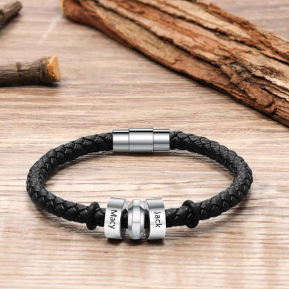 Personalized 2 Names Stainless Steel Black Leather Bracelets-Florence Scovel