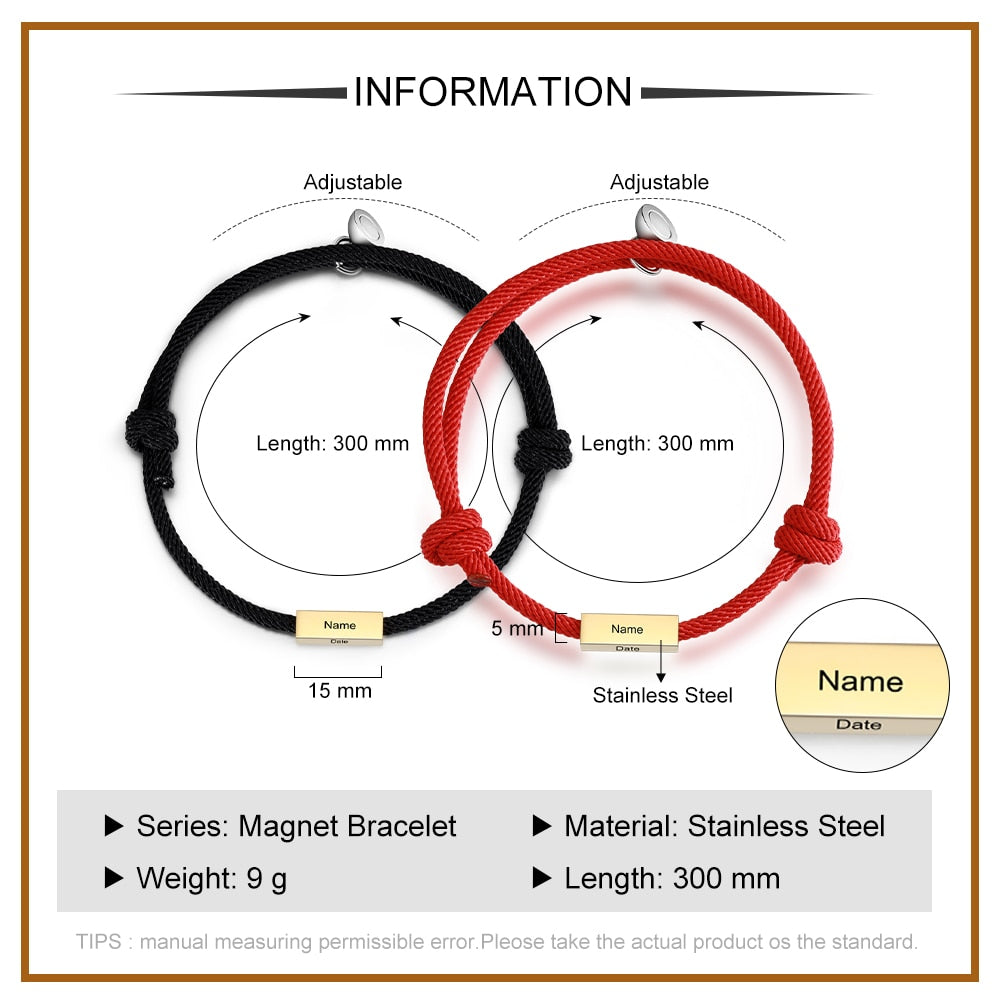 Personalized Stainless Steel Magnetic Couple Bracelet Customized Engraving Name Adjustable Rope Bracelets Mothers Day Gifts-Florence Scovel