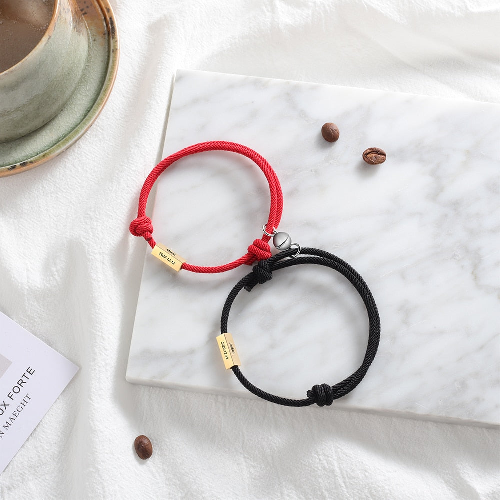 Personalized Stainless Steel Magnetic Couple Bracelet Customized Engraving Name Adjustable Rope Bracelets Mothers Day Gifts-Florence Scovel