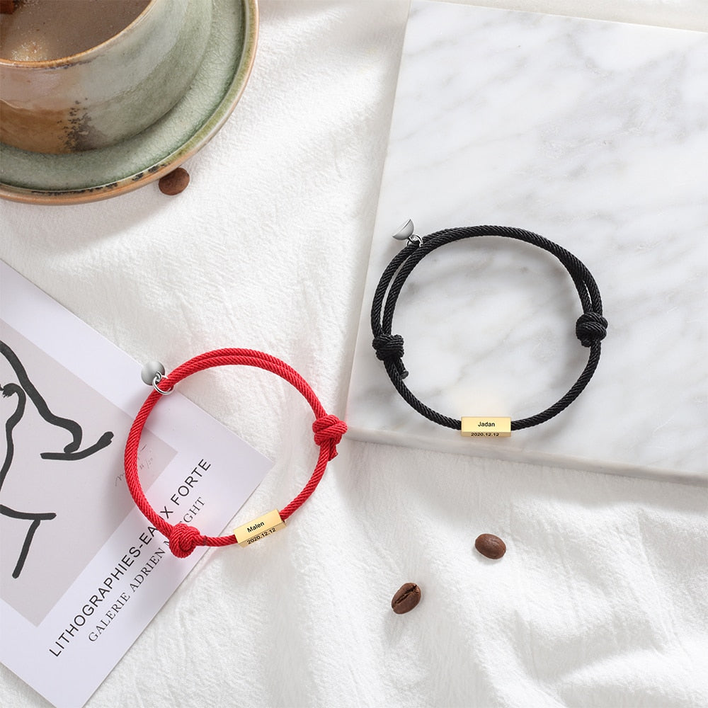 Personalized Stainless Steel Magnetic Couple Bracelet Customized Engraving Name Adjustable Rope Bracelets Mothers Day Gifts-Florence Scovel