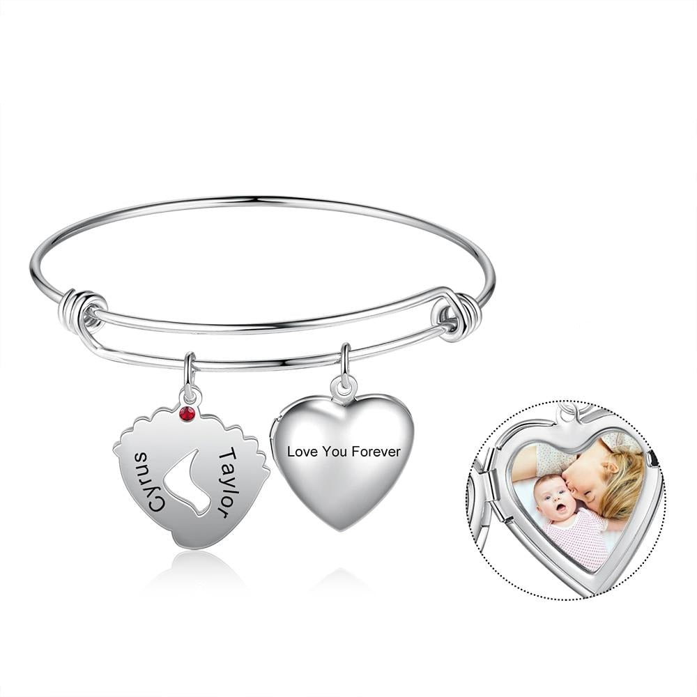 Customized Photo Heart Locket Bangles Personalized Birthstone Engraving Name Baby Feet Charm Bracelets Mothers Gifts-Florence Scovel