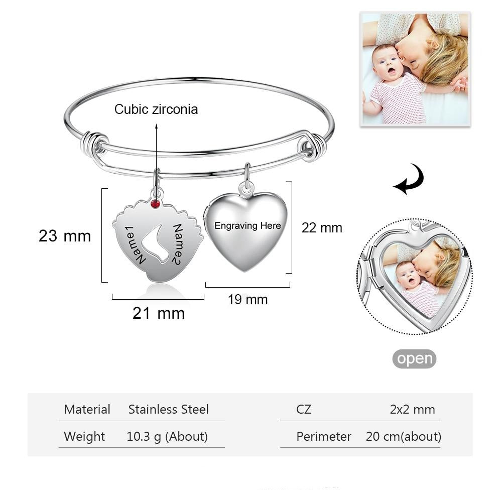 Customized Photo Heart Locket Bangles Personalized Birthstone Engraving Name Baby Feet Charm Bracelets Mothers Gifts-Florence Scovel