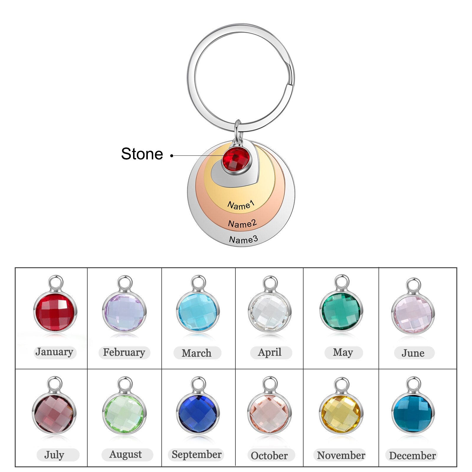Personalized Mixed Color Engraved Name Keychains for Women Stainless Steel Customized Birthstone Keyring Gift for Mom-Florence Scovel