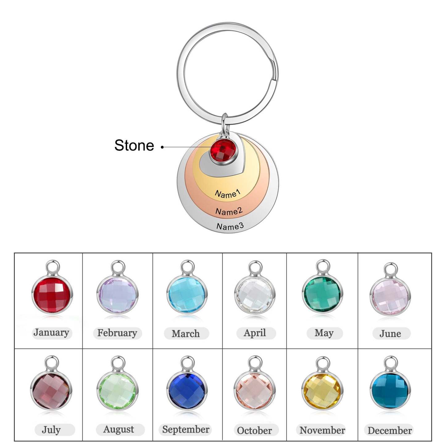 Personalized Mixed Color Engraved Name Keychains for Women Stainless Steel Customized Birthstone Keyring Gift for Mom-Florence Scovel