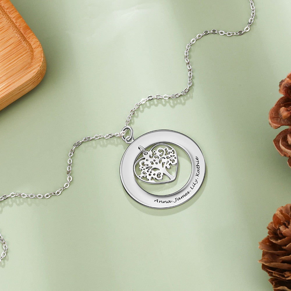 Personalized Tree of Life Engrave Name Necklace Silver Color Round Customized Necklace Family Gifts-Florence Scovel