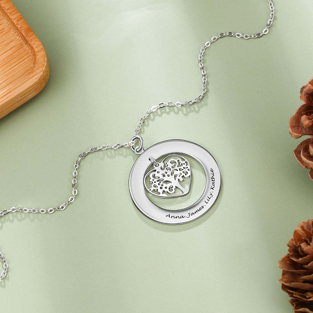 Personalized Tree of Life Engrave Name Necklace Silver Color Round Customized Necklace Family Gifts-Florence Scovel
