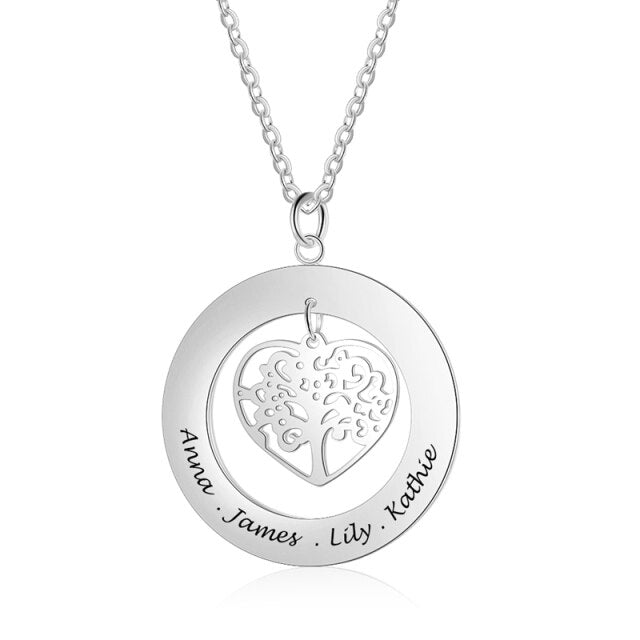 Personalized Tree of Life Engrave Name Necklace Silver Color Round Customized Necklace Family Gifts-Florence Scovel