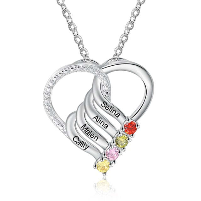 Family Heart Pendant Necklace with 4 Birthstones Customized Engraving Name Mother Necklace New Year Gift-Florence Scovel