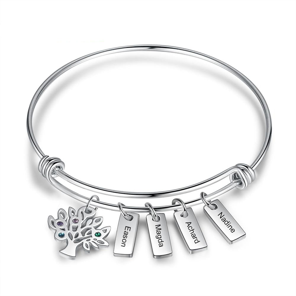Stainless Steel Personalized Engraved Name Tags Bracelet with Family Tree Custom 4 Birthstone Tree of Life Bangles for Women-Florence Scovel