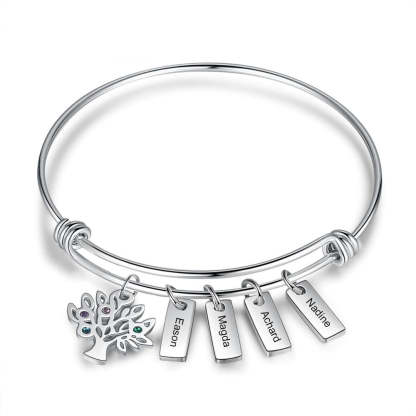 Stainless Steel Personalized Engraved Name Tags Bracelet with Family Tree Custom 4 Birthstone Tree of Life Bangles for Women-Florence Scovel