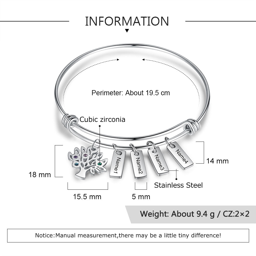 Stainless Steel Personalized Engraved Name Tags Bracelet with Family Tree Custom 4 Birthstone Tree of Life Bangles for Women-Florence Scovel