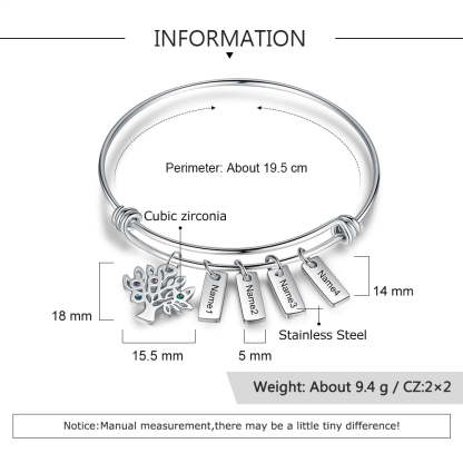 Stainless Steel Personalized Engraved Name Tags Bracelet with Family Tree Custom 4 Birthstone Tree of Life Bangles for Women-Florence Scovel