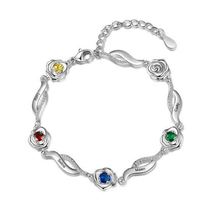 Personalized Rose Flower Bracelets with 4 Name Engraving Customized Inlaid Birthstone Bracelets & Bangles-Florence Scovel
