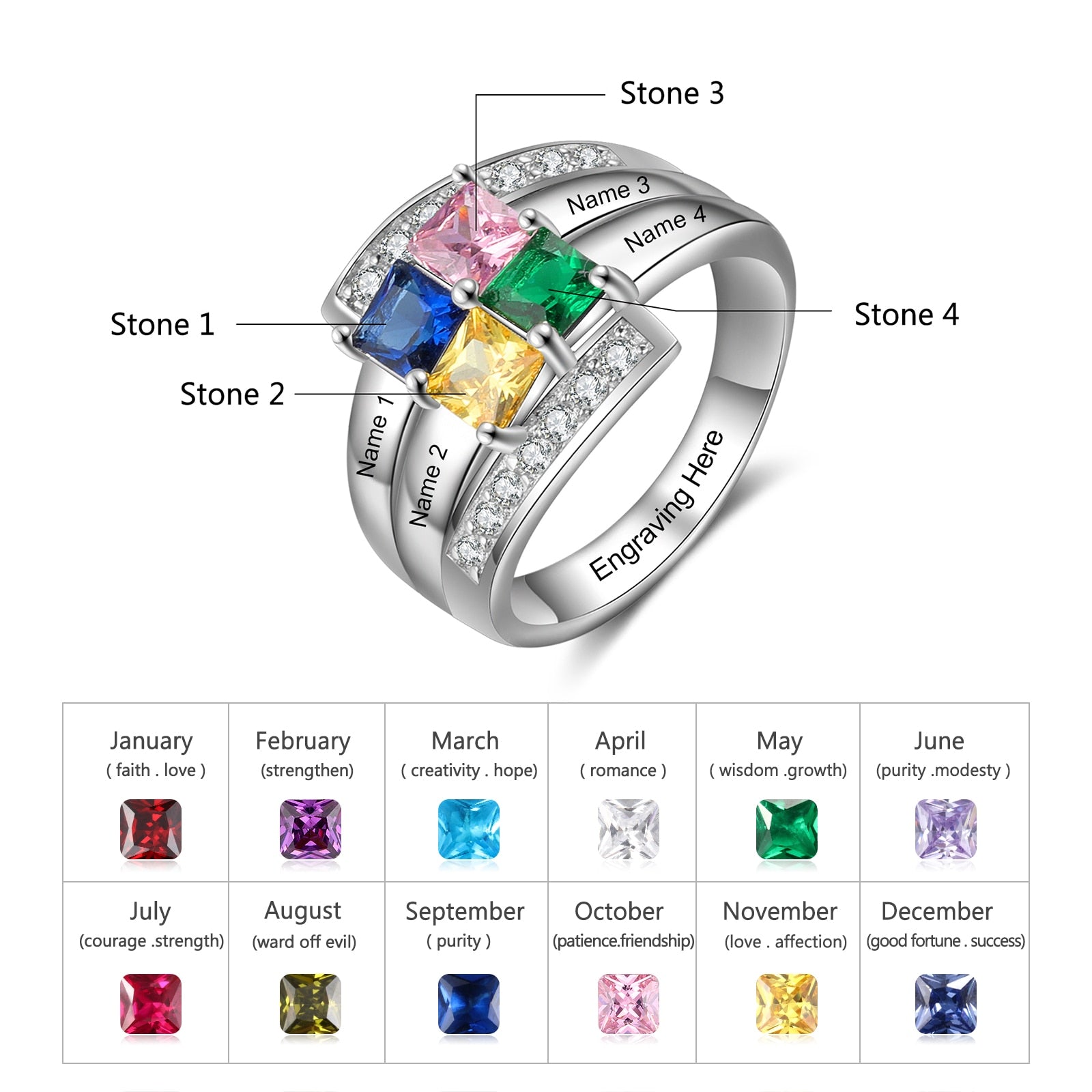 Personalized Engraving 4 Name Rings for Women Customized Square Birthstone Mothers Ring Best Gifts for Grandmother-Florence Scovel