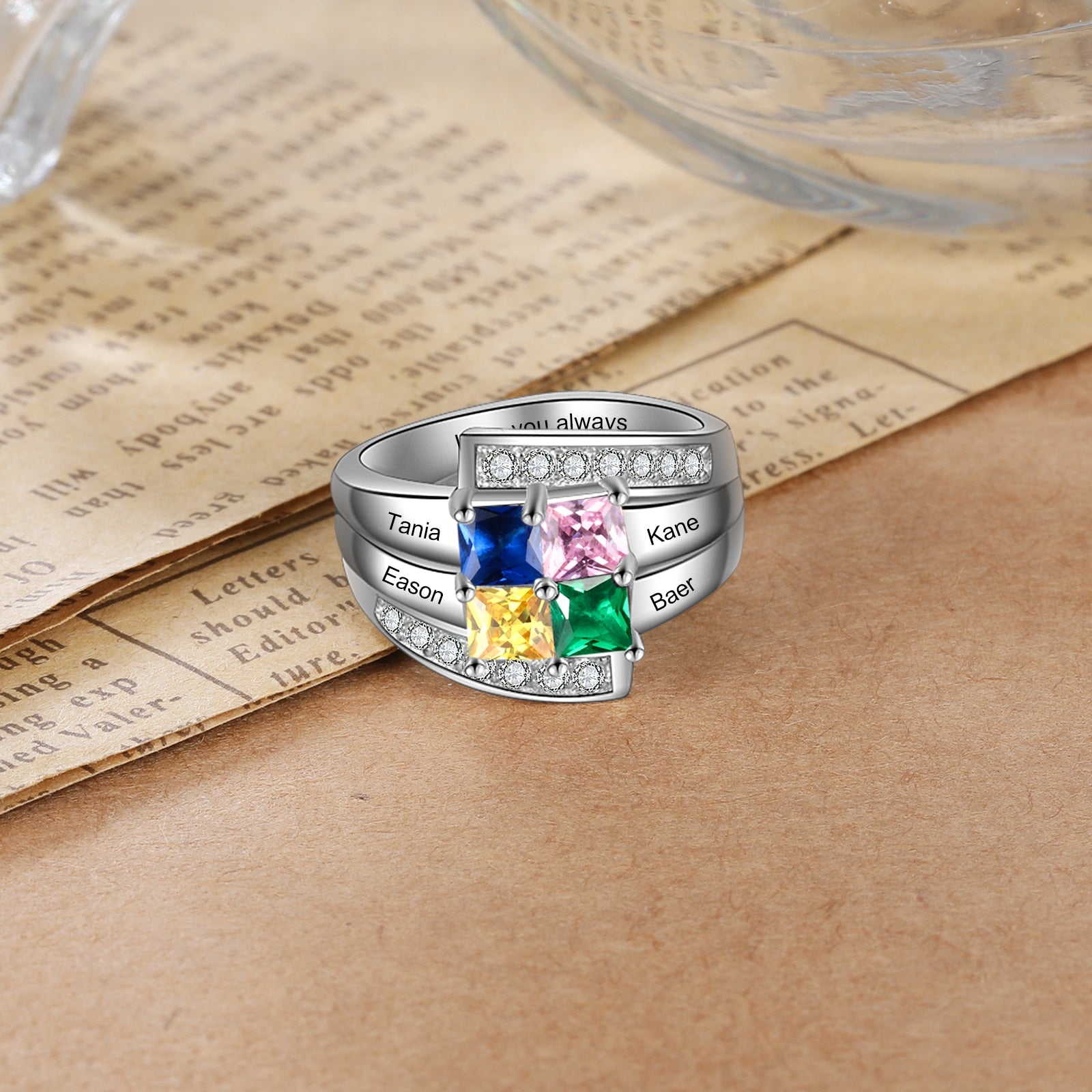 Personalized Engraving 4 Name Rings for Women Customized Square Birthstone Mothers Ring Best Gifts for Grandmother-Florence Scovel