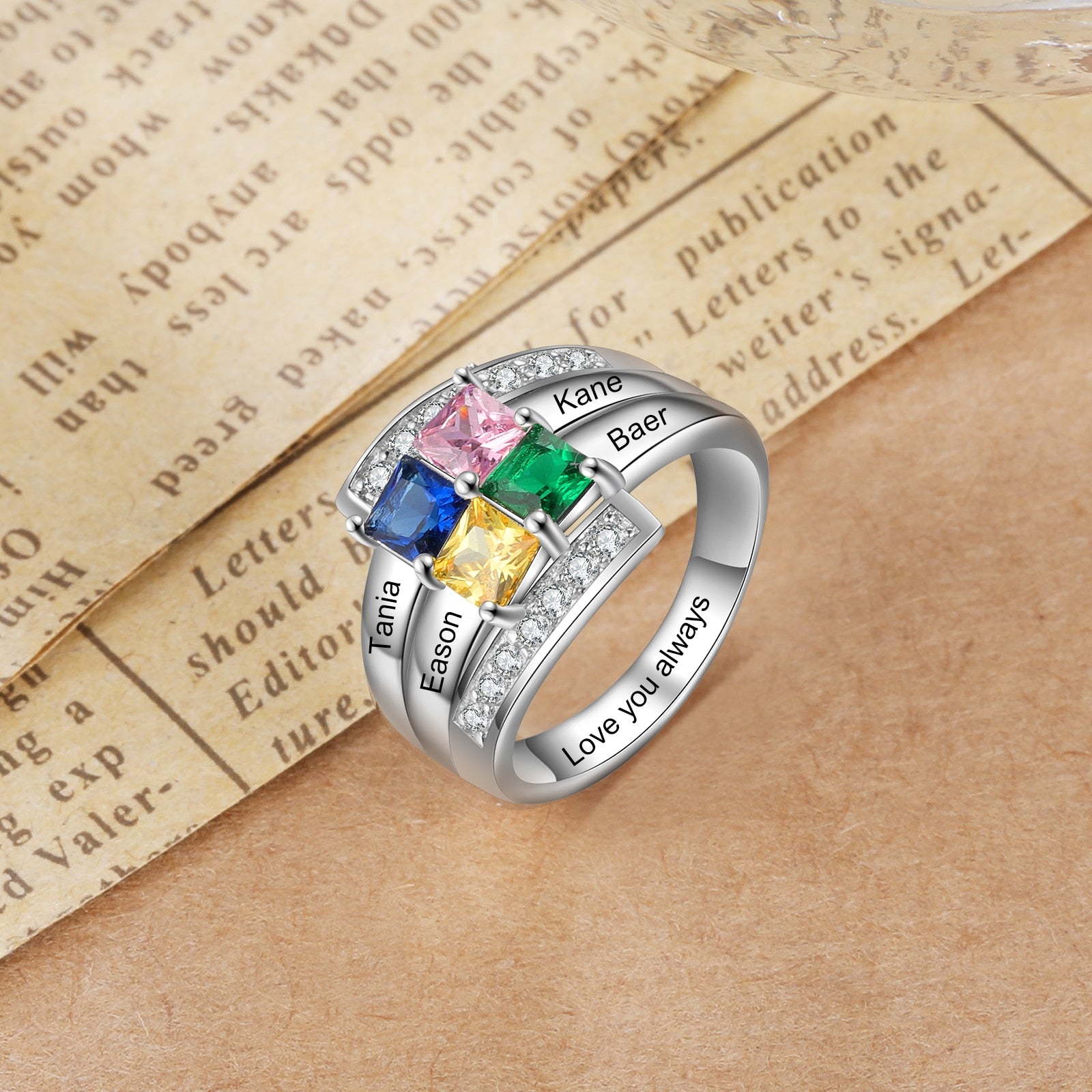 Personalized Engraving 4 Name Rings for Women Customized Square Birthstone Mothers Ring Best Gifts for Grandmother-Florence Scovel