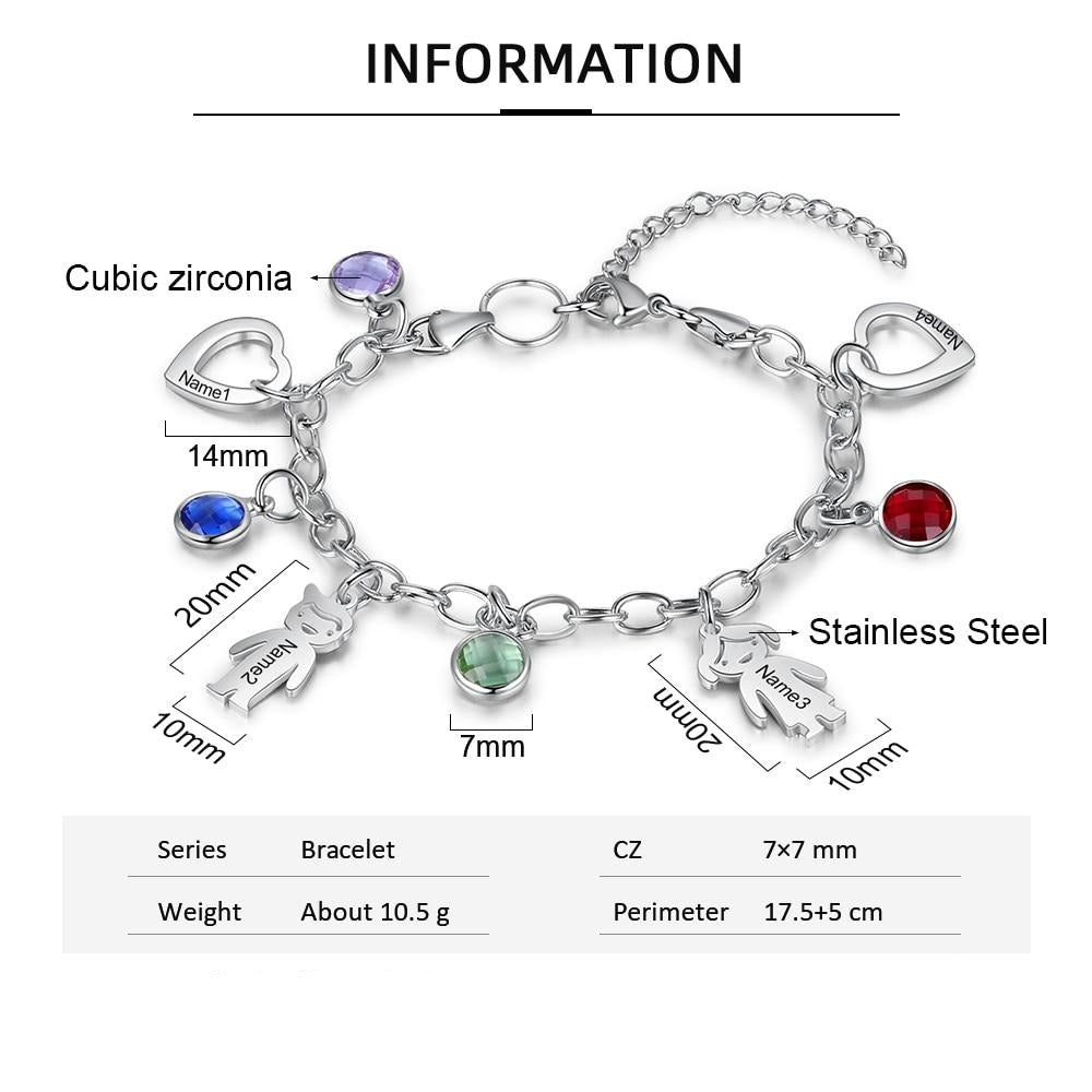 Personalized Engraved Name Boy Girl Heart Charm Bracelets for Women Custom 4 Birthstone Stainless Steel Chain Bracelet-Florence Scovel