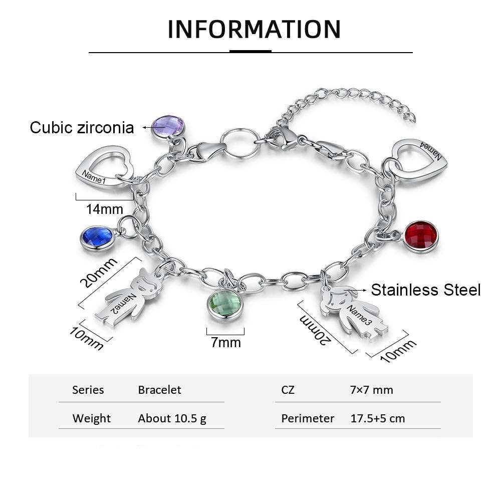 Personalized Engraved Name Boy Girl Heart Charm Bracelets for Women Custom 4 Birthstone Stainless Steel Chain Bracelet-Florence Scovel