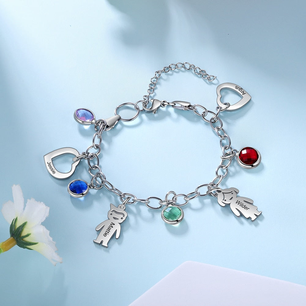Personalized Engraved Name Boy Girl Heart Charm Bracelets for Women Custom 4 Birthstone Stainless Steel Chain Bracelet-Florence Scovel