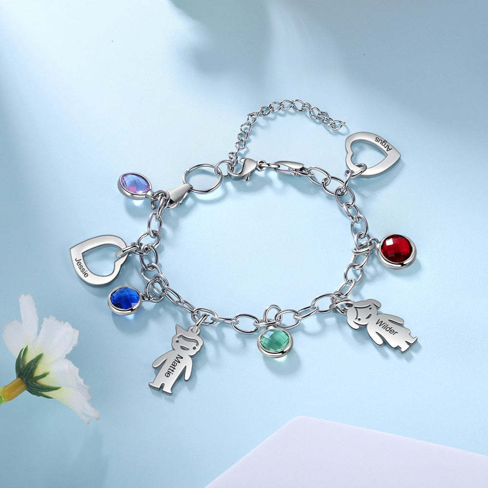 Personalized Engraved Name Boy Girl Heart Charm Bracelets for Women Custom 4 Birthstone Stainless Steel Chain Bracelet-Florence Scovel