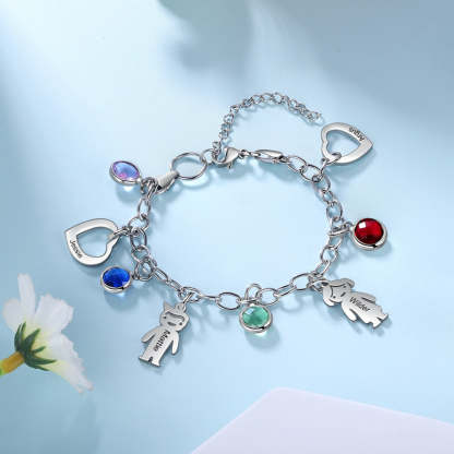 Personalized Engraved Name Boy Girl Heart Charm Bracelets for Women Custom 4 Birthstone Stainless Steel Chain Bracelet-Florence Scovel