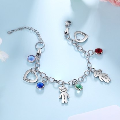 Personalized Engraved Name Boy Girl Heart Charm Bracelets for Women Custom 4 Birthstone Stainless Steel Chain Bracelet-Florence Scovel