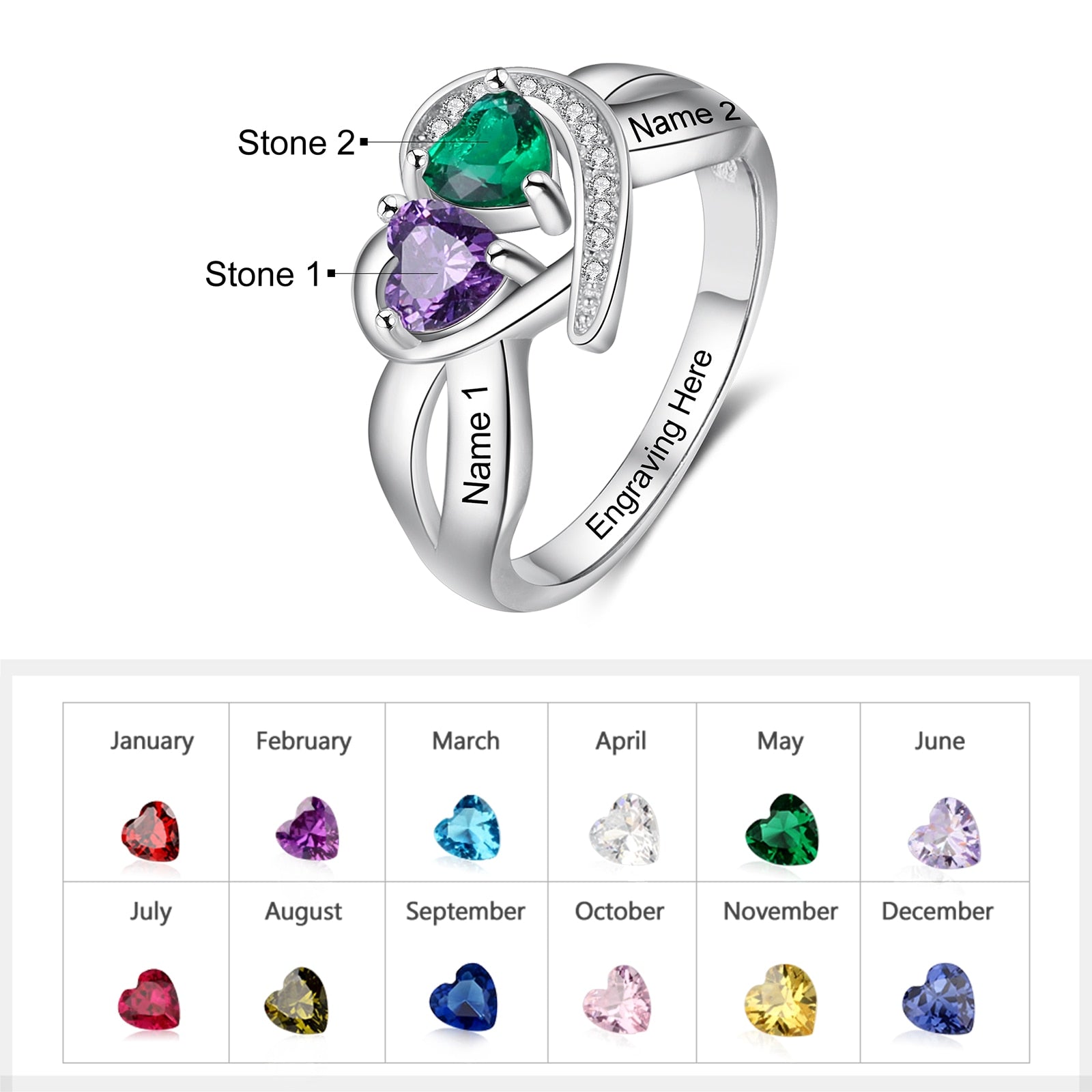 Personalized DIY Heart Birthstone Rings for Women Customized Engraving Mothers Ring Promise Gifts for Girlfriend-Florence Scovel