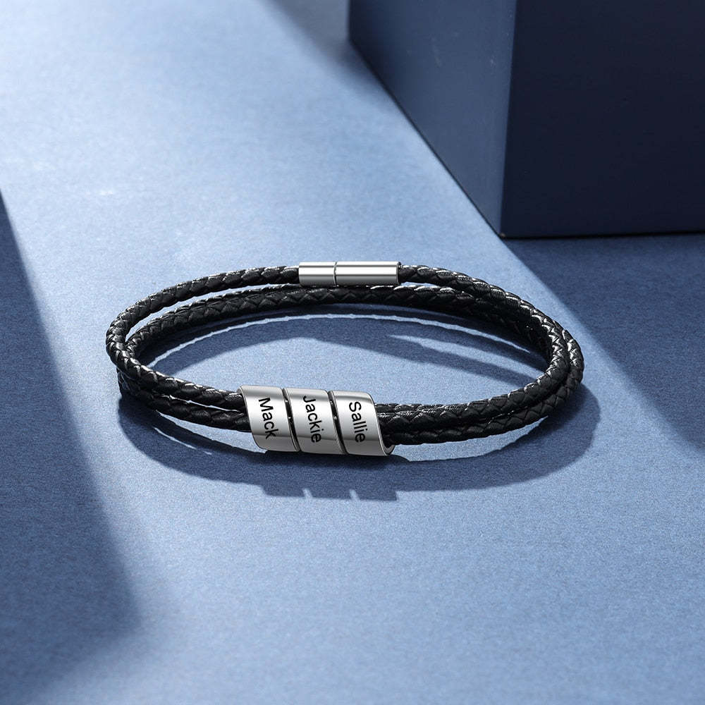 Personalized 3 Name Beads Engraved Bracelets For Men-Florence Scovel