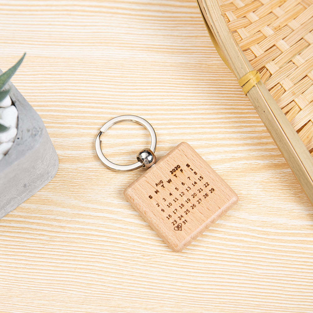 Engraving Calendar Highlighted With Heart-Shape Wooden Keyring Keychain-Florence Scovel
