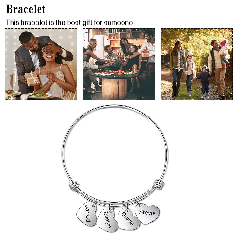 Stainless Steel Personalized Heart Charm Bracelet with 4 Engraving for Women Customized Cuff Bangles Anniversary Gift-Florence Scovel