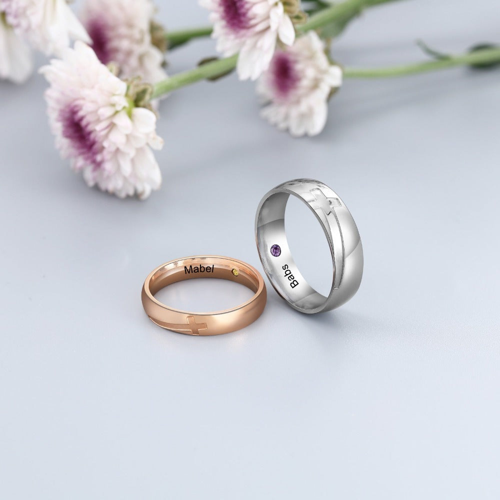 Personalized Cross Couple Ring With Birthstone-Florence Scovel