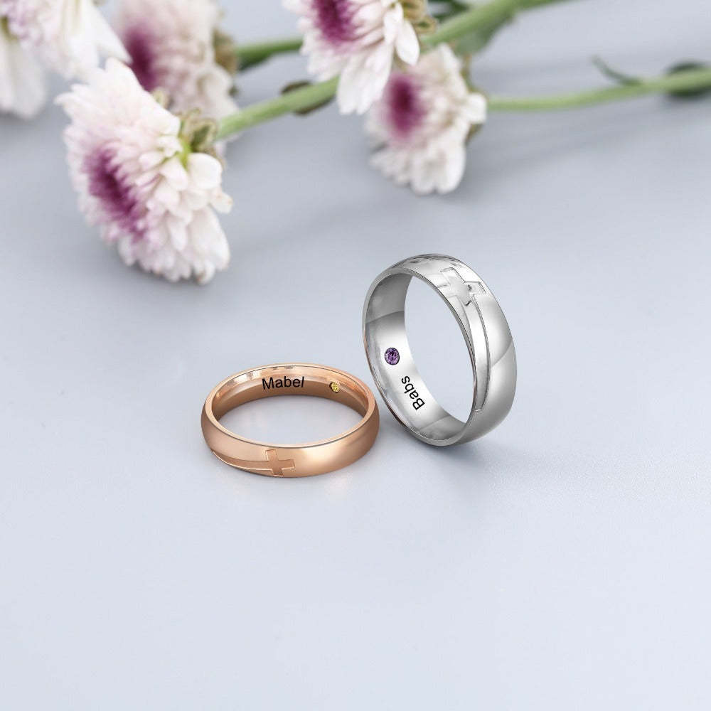 Personalized Cross Couple Ring With Birthstone-Florence Scovel