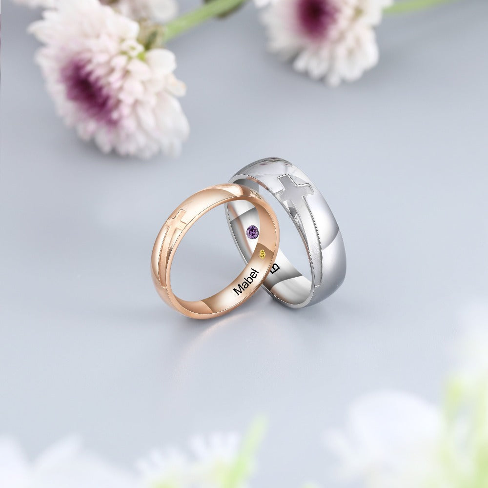 Personalized Cross Couple Ring With Birthstone-Florence Scovel
