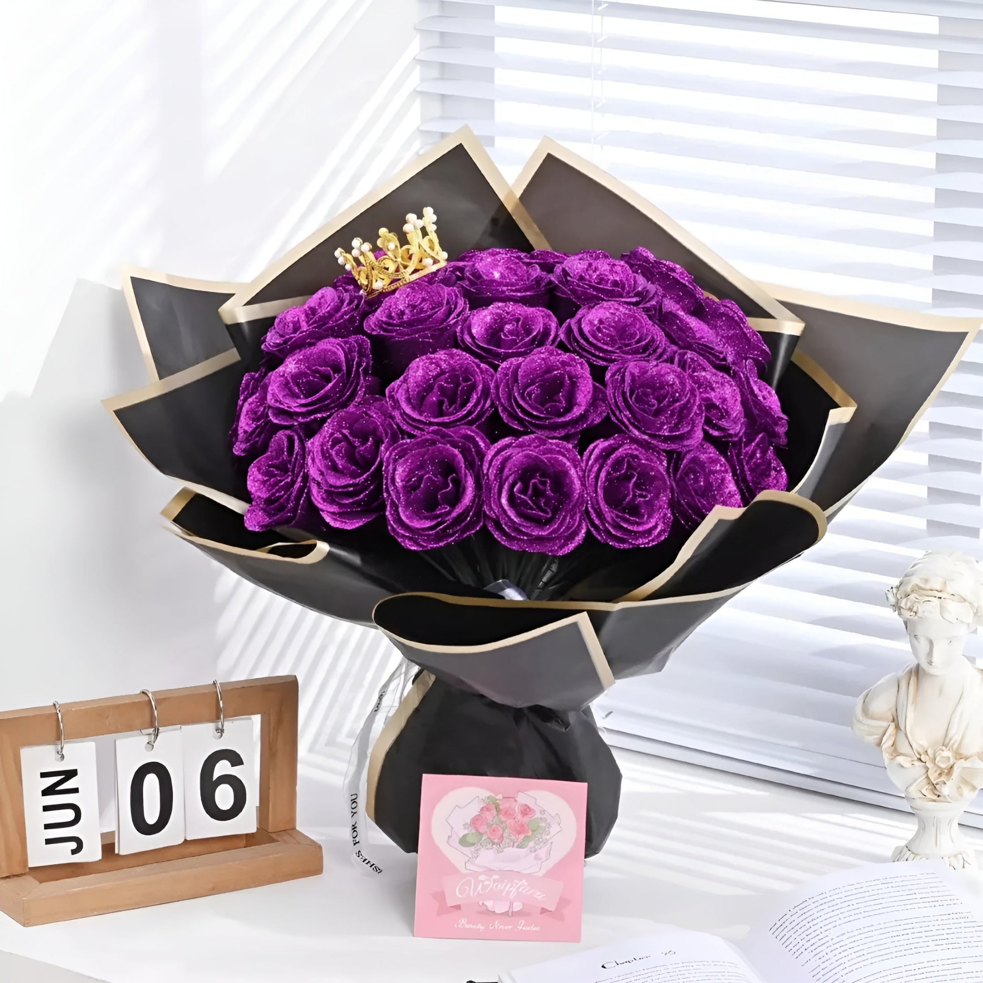 Customizable Glitter Rose Bouquet With Decorative Crown And Butterflies-Florence Scovels