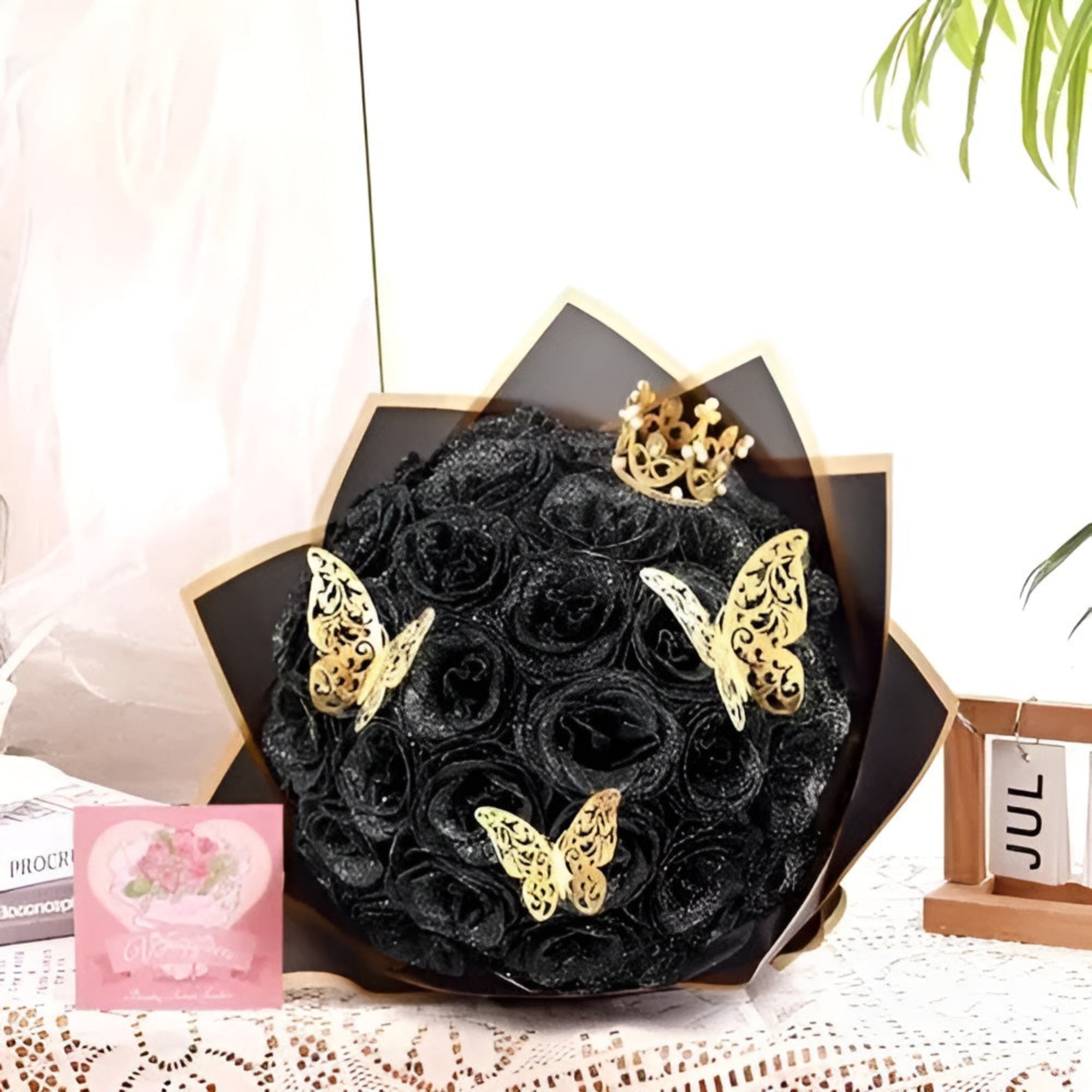 Customizable Glitter Rose Bouquet With Decorative Crown And Butterflies-Florence Scovels