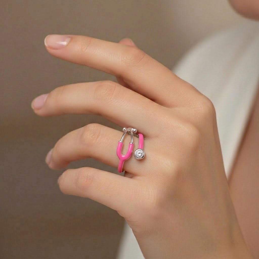 Curved Enamel Band Jewelry Ring With Stone