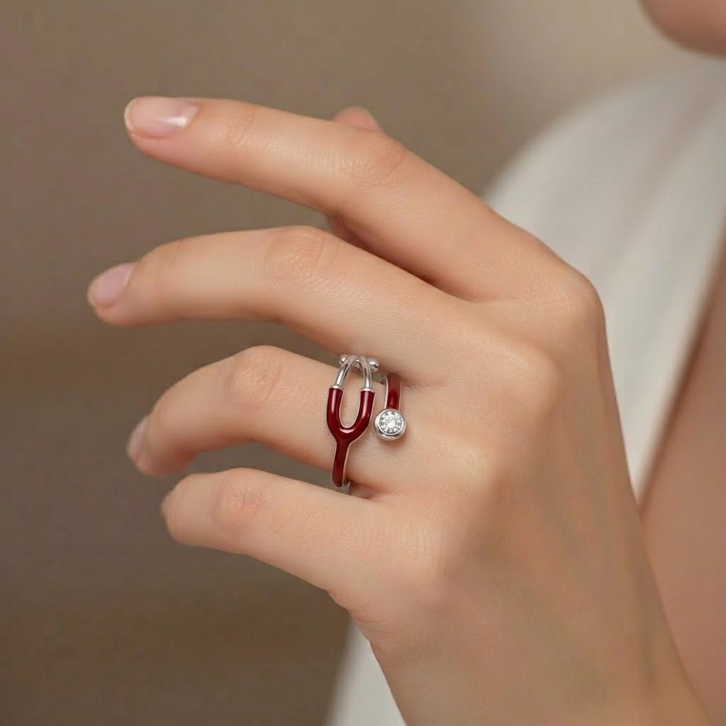 Curved Enamel Band Jewelry Ring With Stone