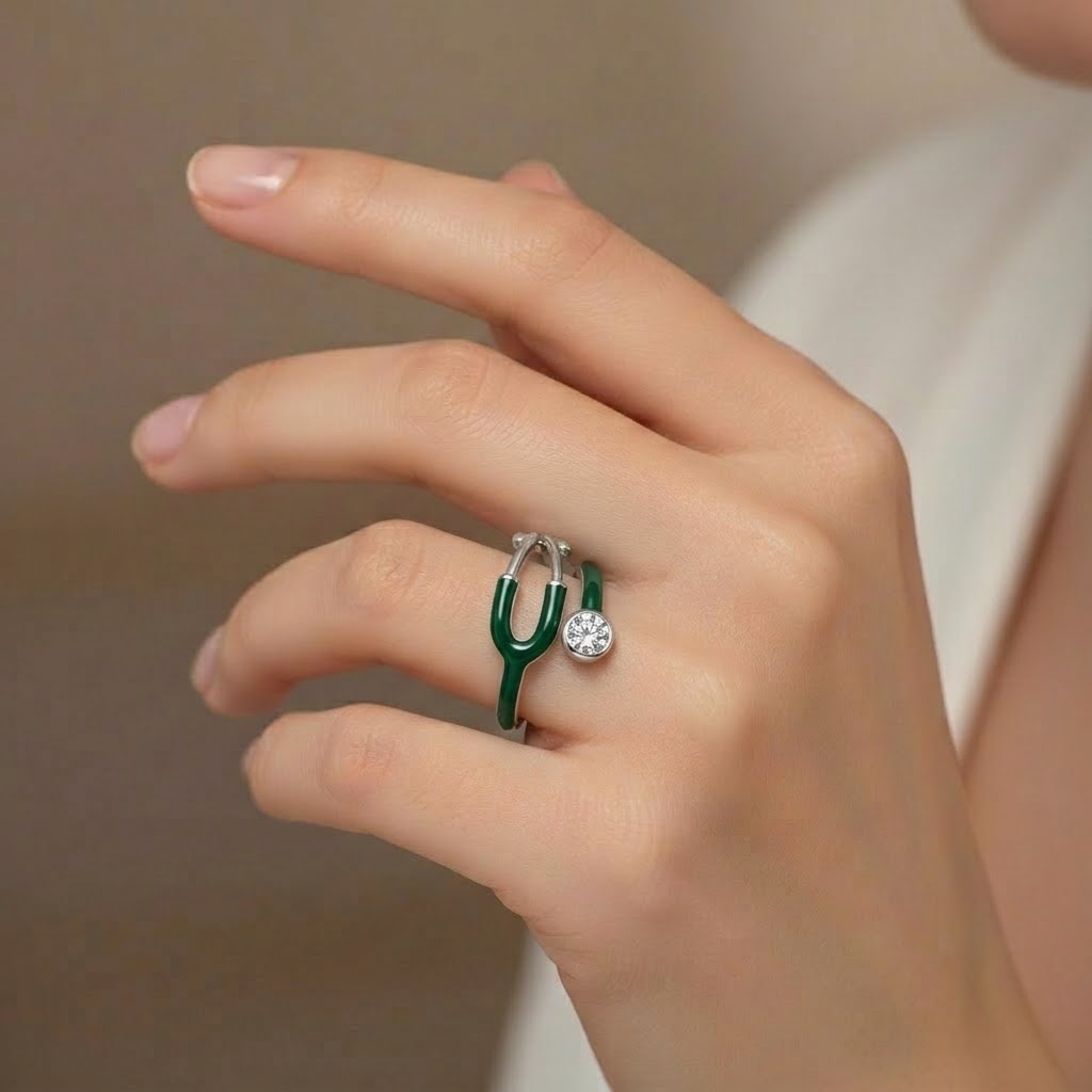 Curved Enamel Band Jewelry Ring With Stone