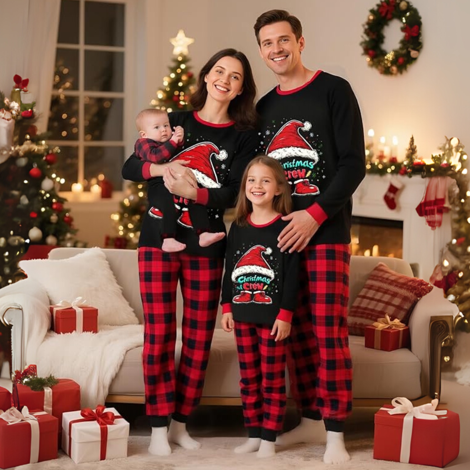Christmas Hat And Crew Printed Family Matching Pajama Set