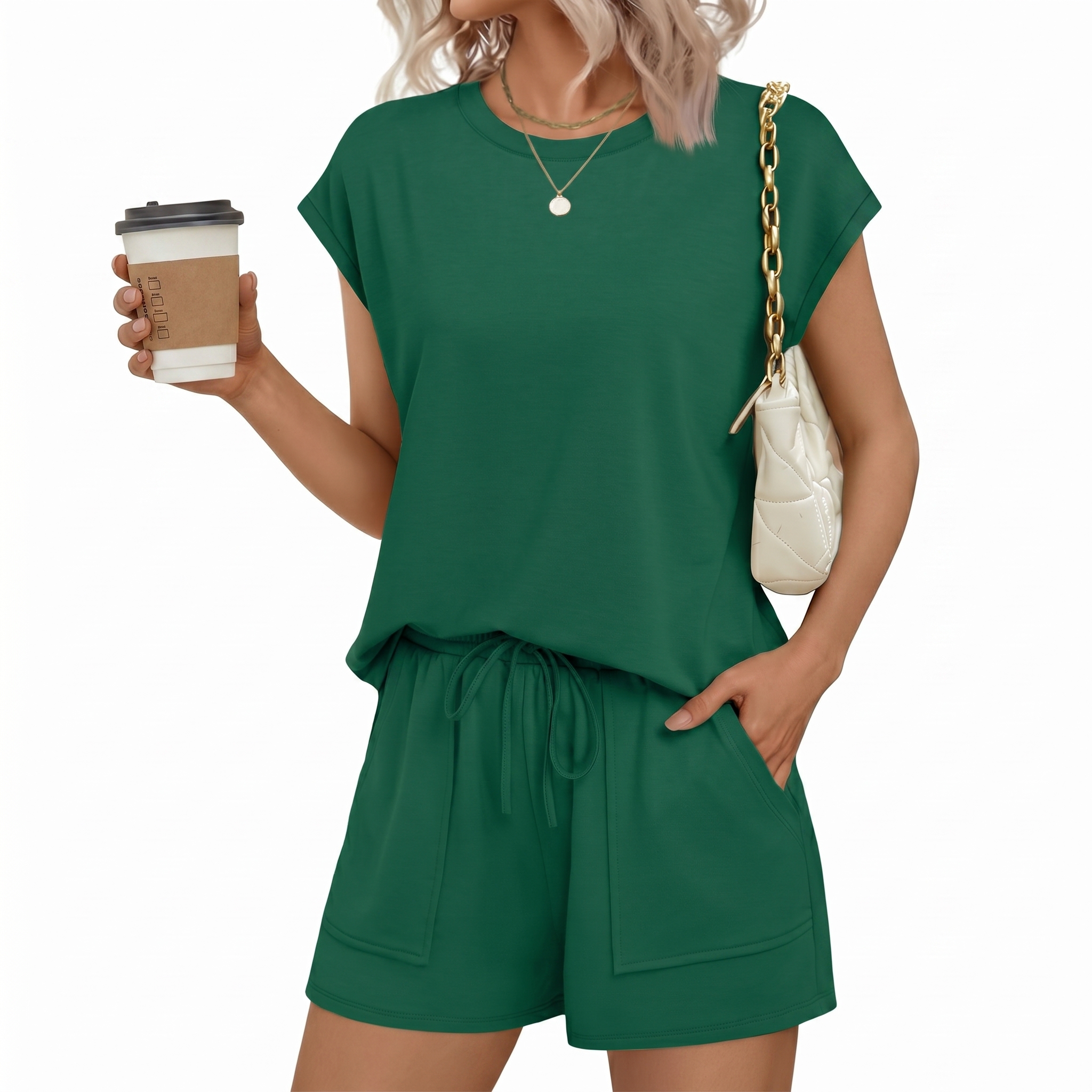  Two Piece Summer Lounge Short Sets With Pocket For Women 